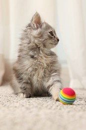 Photo of Cute fluffy kitten with ball at home