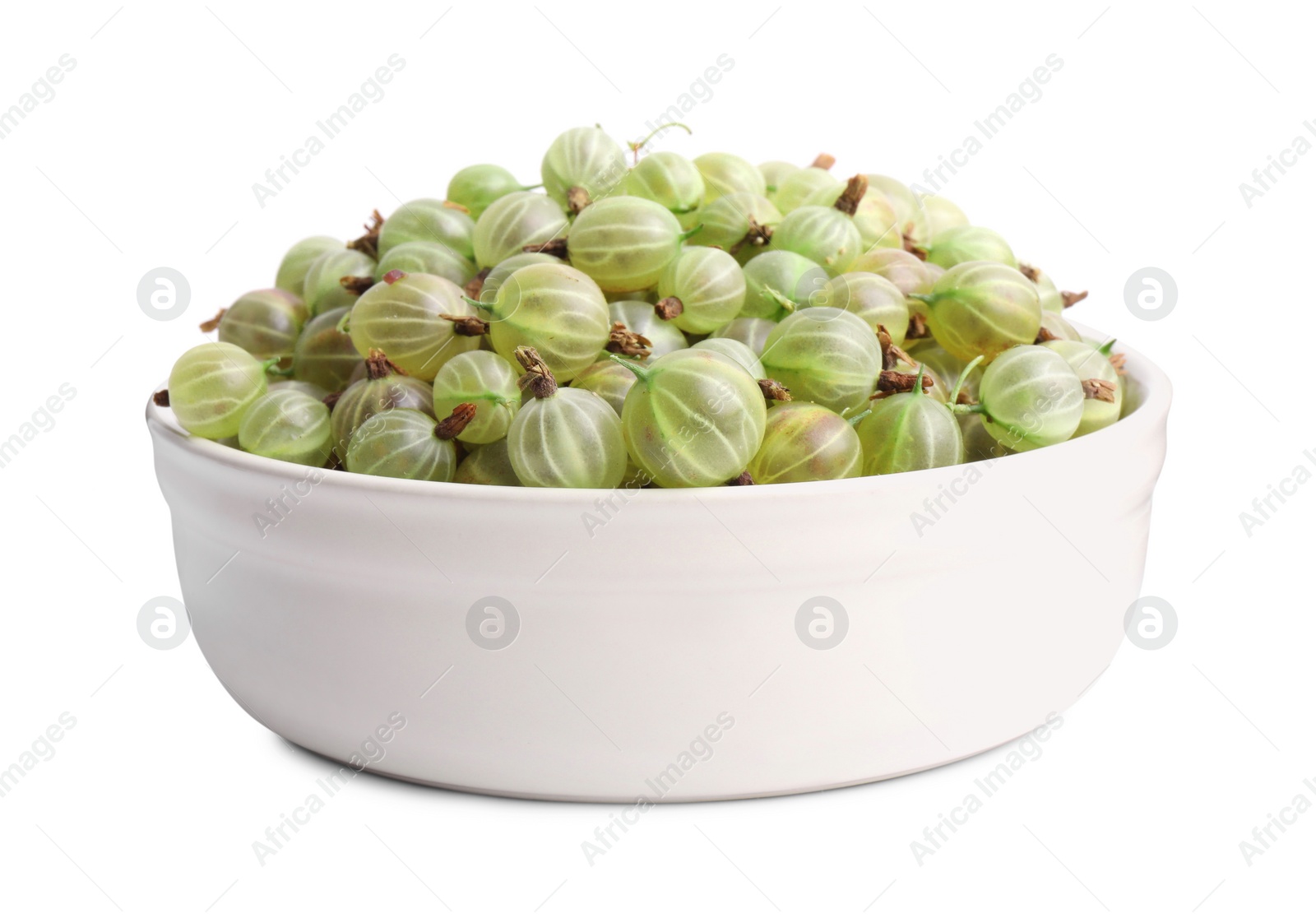 Photo of Ceramic bowl full of ripe gooseberries isolated on white