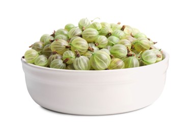 Ceramic bowl full of ripe gooseberries isolated on white