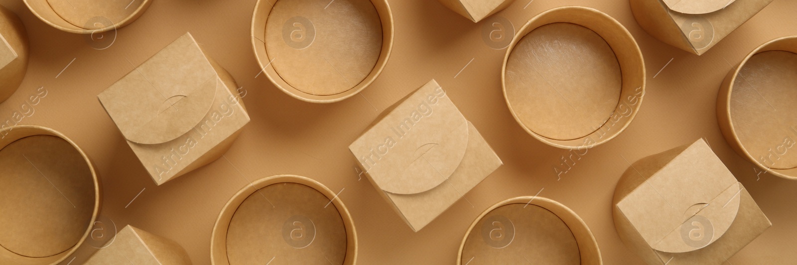 Image of Eco friendly food containers on beige background, flat lay. Banner design