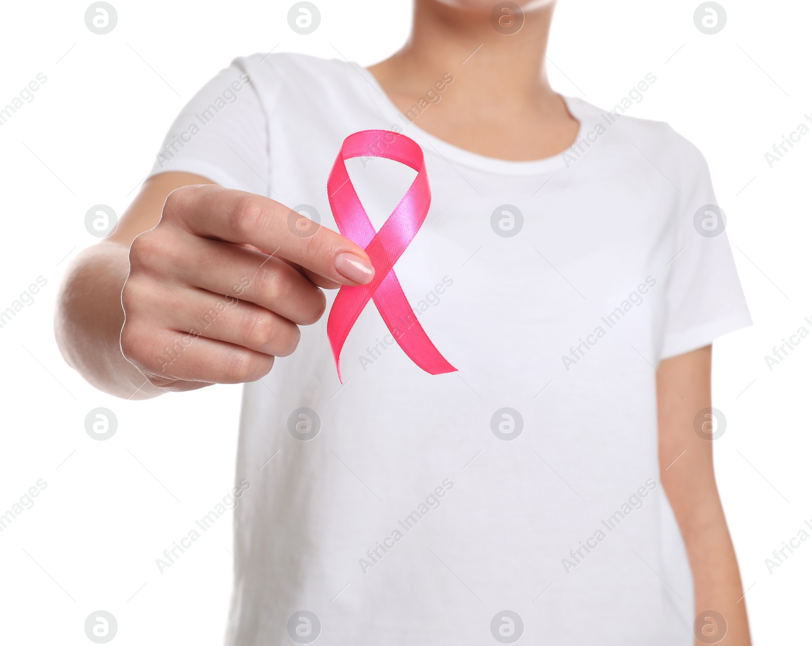 Photo of Woman holding pink ribbon on white background, closeup. Breast cancer awareness