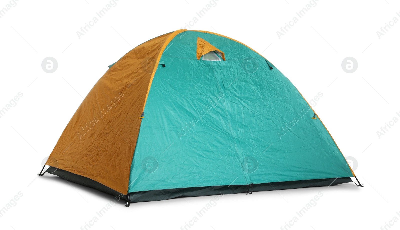 Photo of Bright colorful camping tent on white background