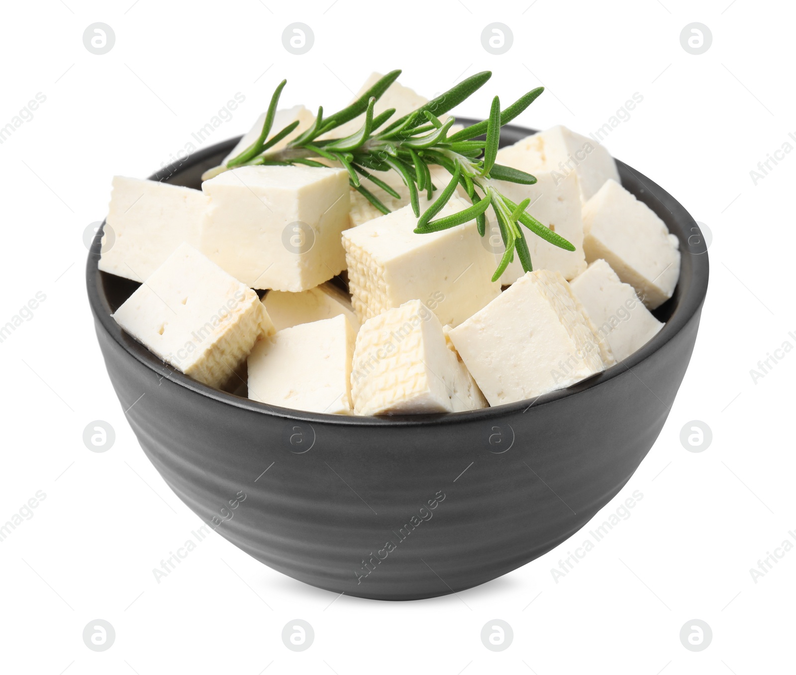 Photo of Delicious tofu cheese and rosemary isolated on white