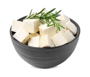 Photo of Delicious tofu cheese and rosemary isolated on white