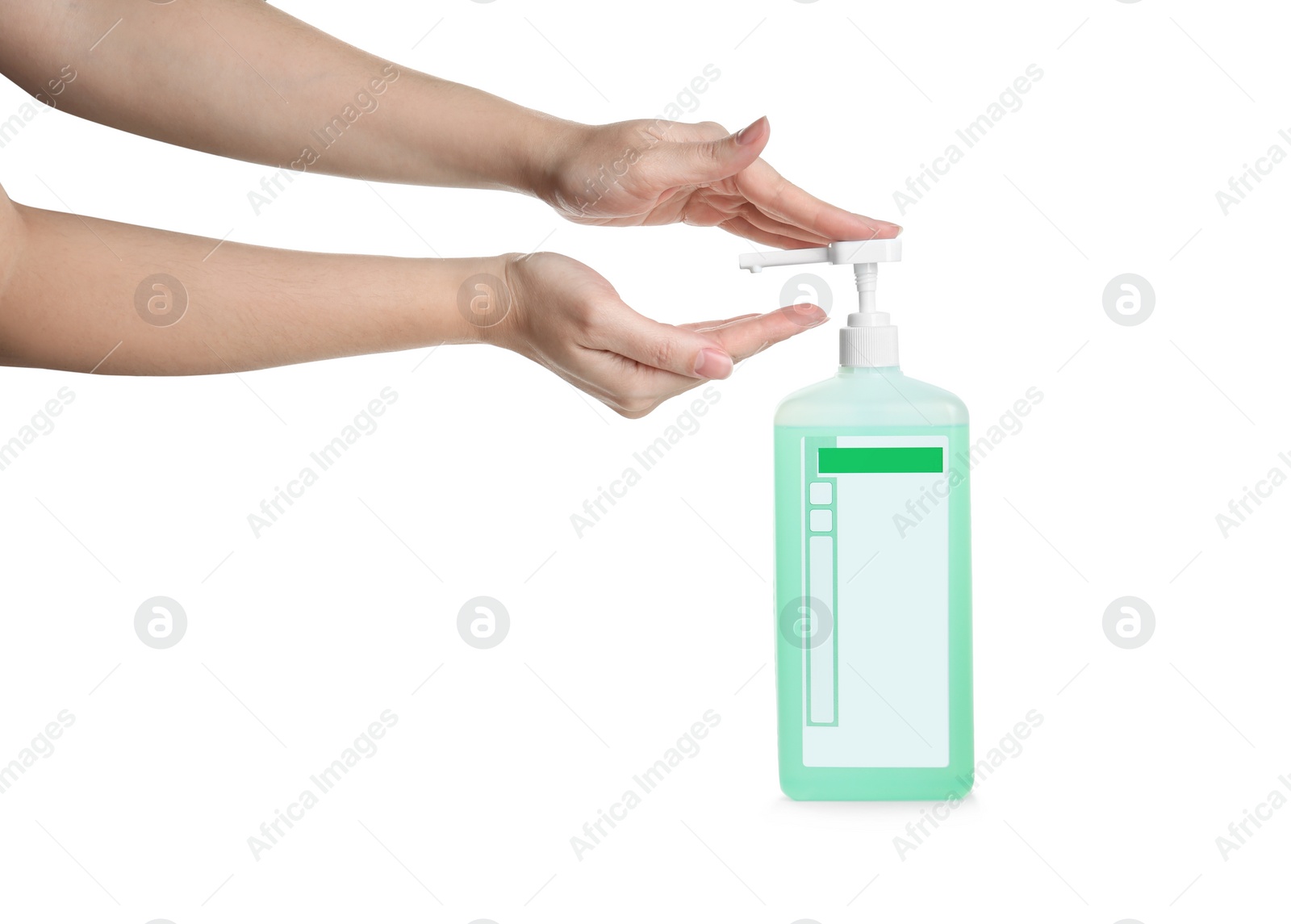 Photo of Woman applying antiseptic gel on hand against white background, closeup