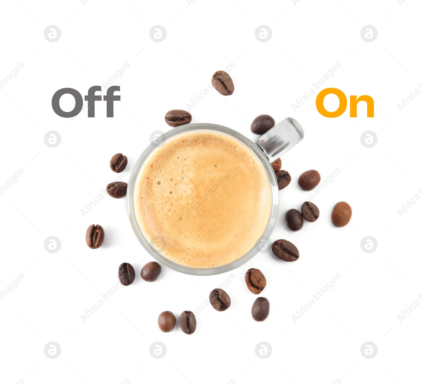 Image of Coffee break. Cup of aromatic hot drink and beans on white background, flat lay