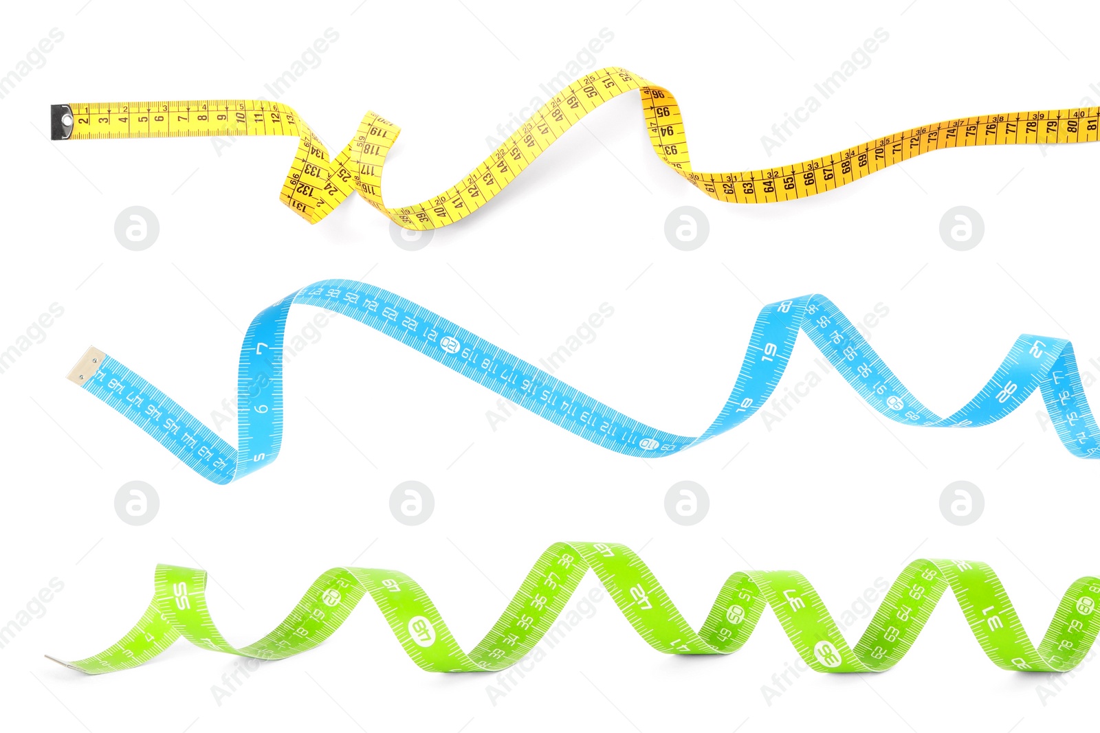 Image of Set with different measuring tapes on white background