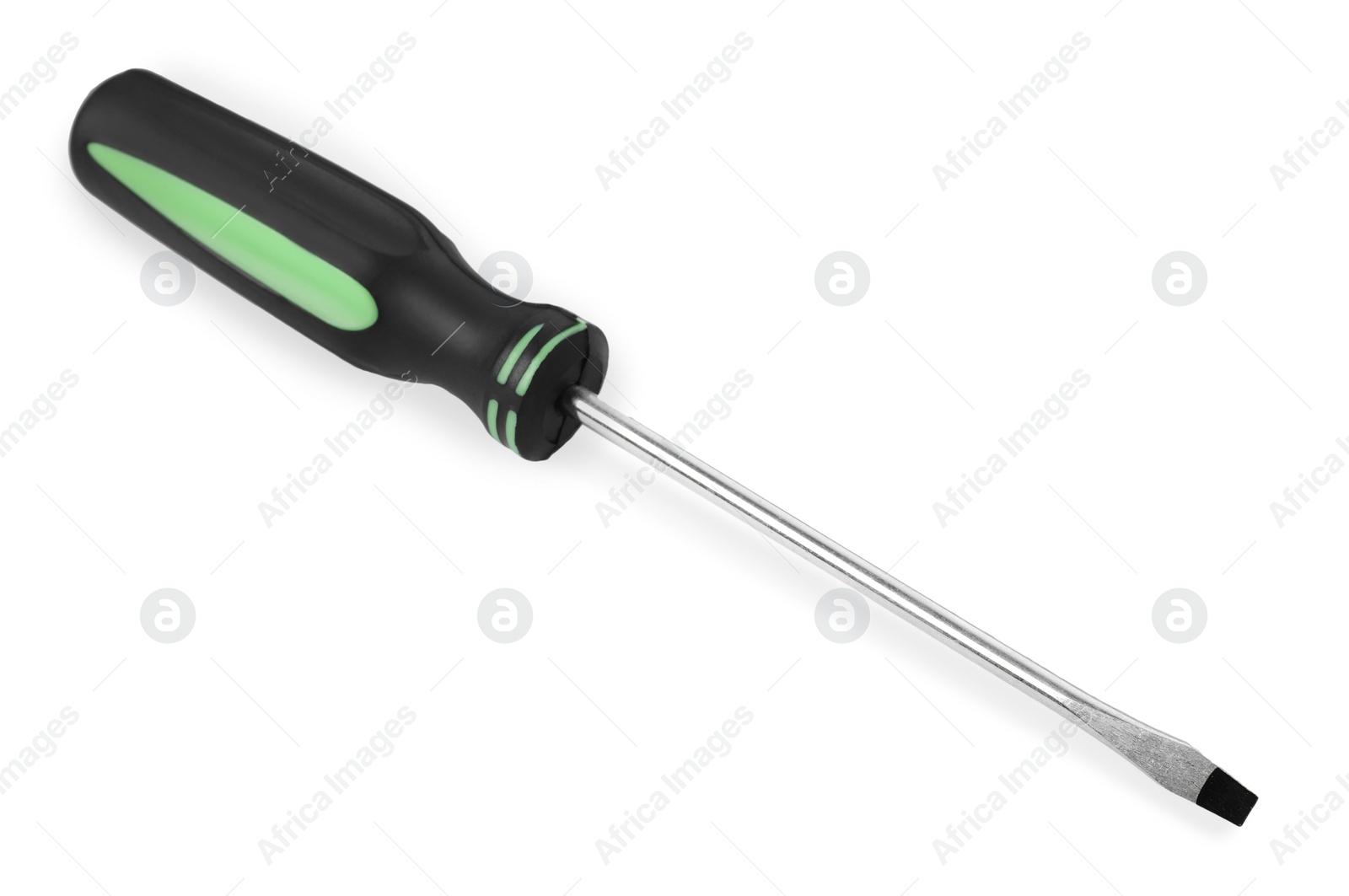 Photo of One screwdriver with black handle isolated on white