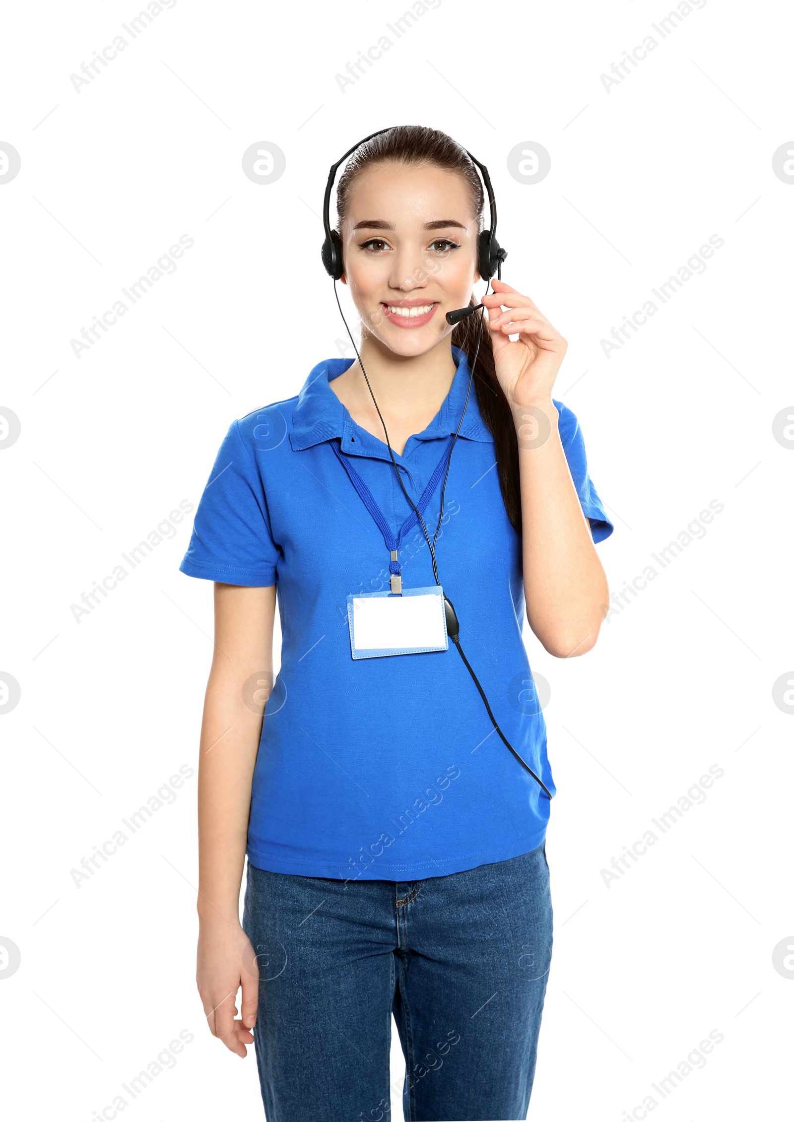 Photo of Portrait of technical support operator with headset isolated on white