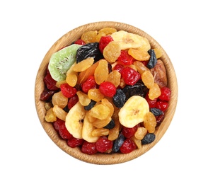 Photo of Bowl with different dried fruits on white  background, top view. Healthy lifestyle