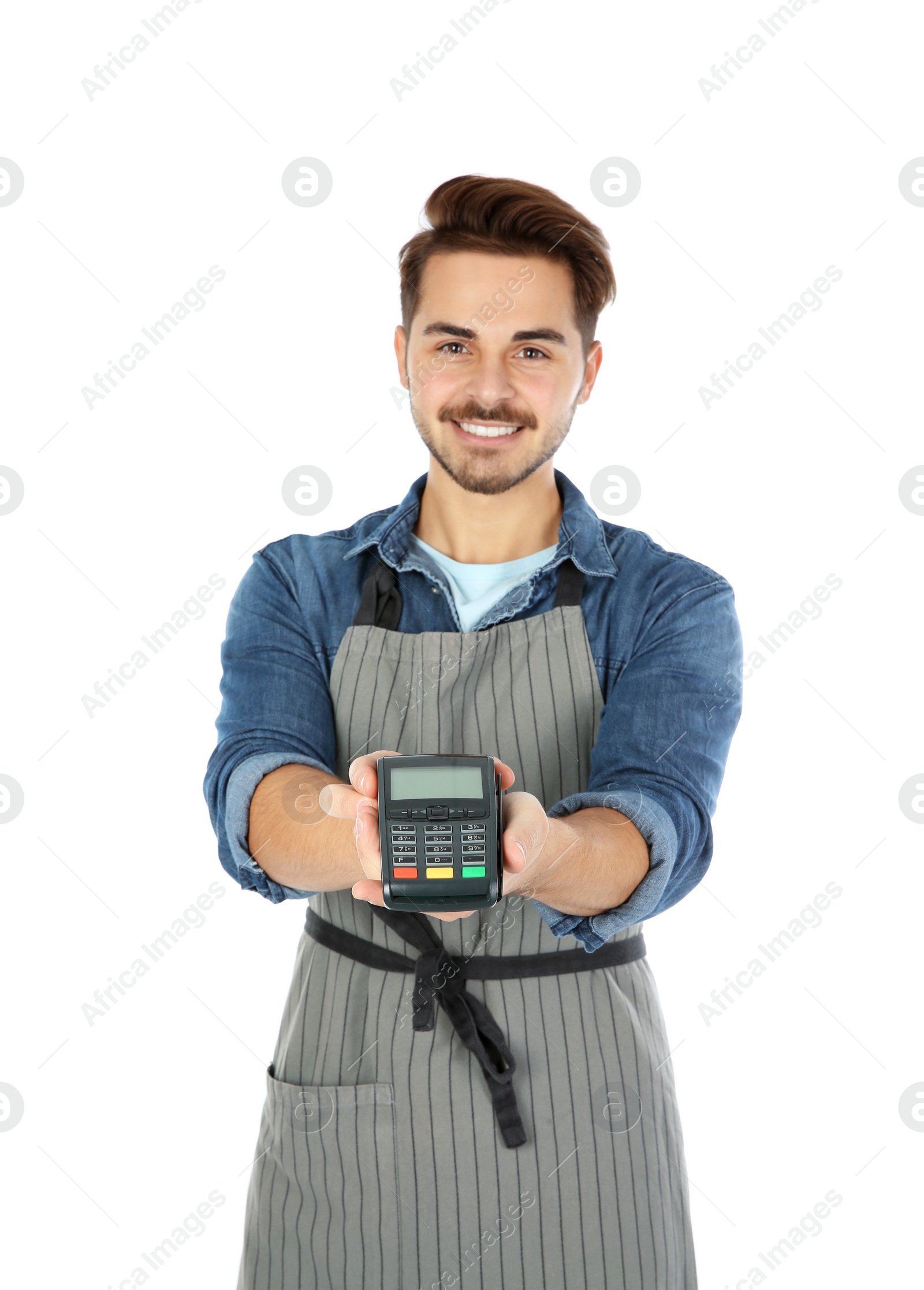 Photo of Waiter with terminal for contactless payment on white background