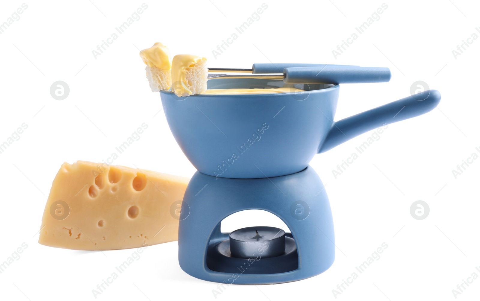 Photo of Composition with pot of delicious cheese fondue on white background