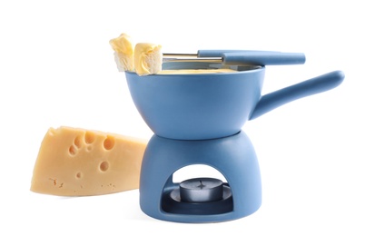 Photo of Composition with pot of delicious cheese fondue on white background