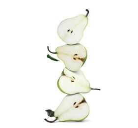 Image of Cut fresh ripe pears on white background