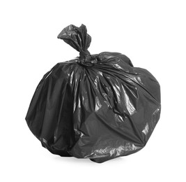 Photo of Black trash bag full of garbage isolated on white