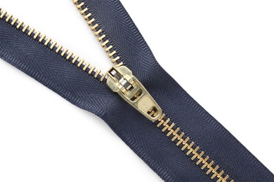 Photo of Dark blue zipper on white background, top view