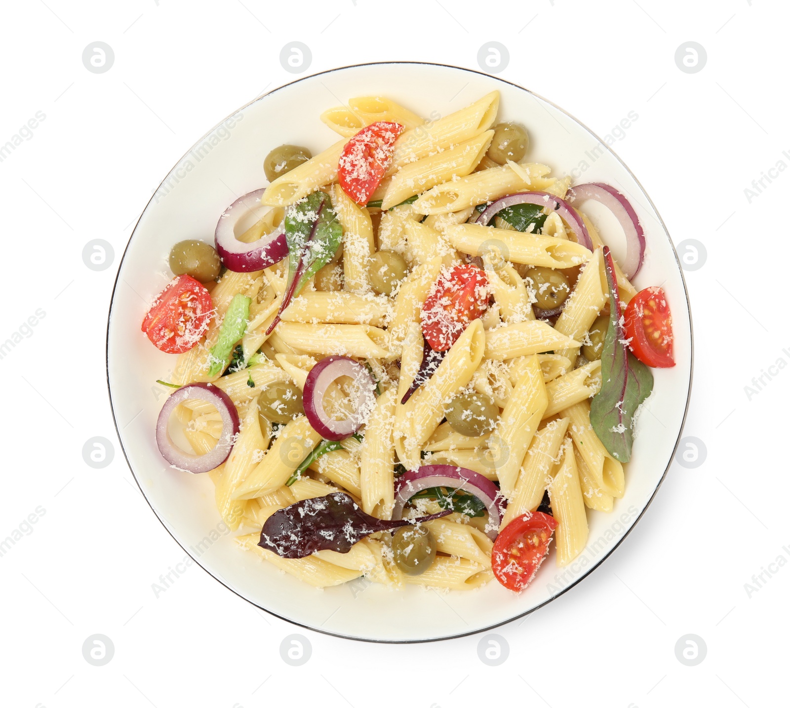 Photo of Bowl of delicious pasta with tomatoes, olives and onion on white background, top view