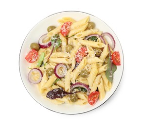 Bowl of delicious pasta with tomatoes, olives and onion on white background, top view