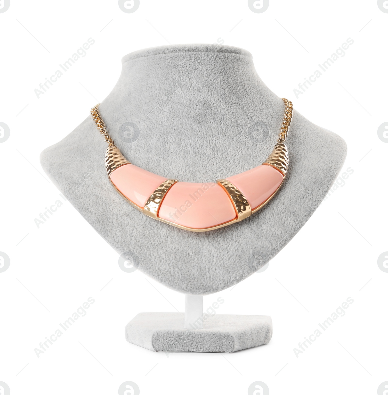 Photo of Stylish necklace with gemstones on jewelry bust against white background