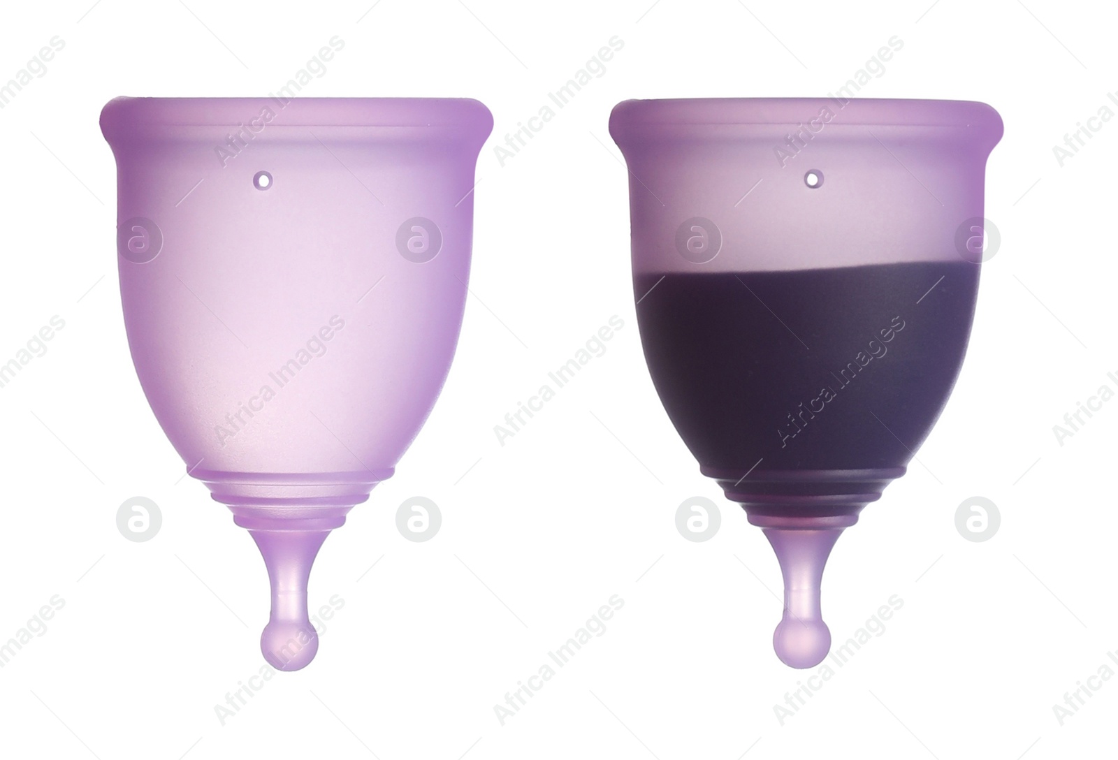 Image of Purple menstrual cups on white background, one with blood. Collage