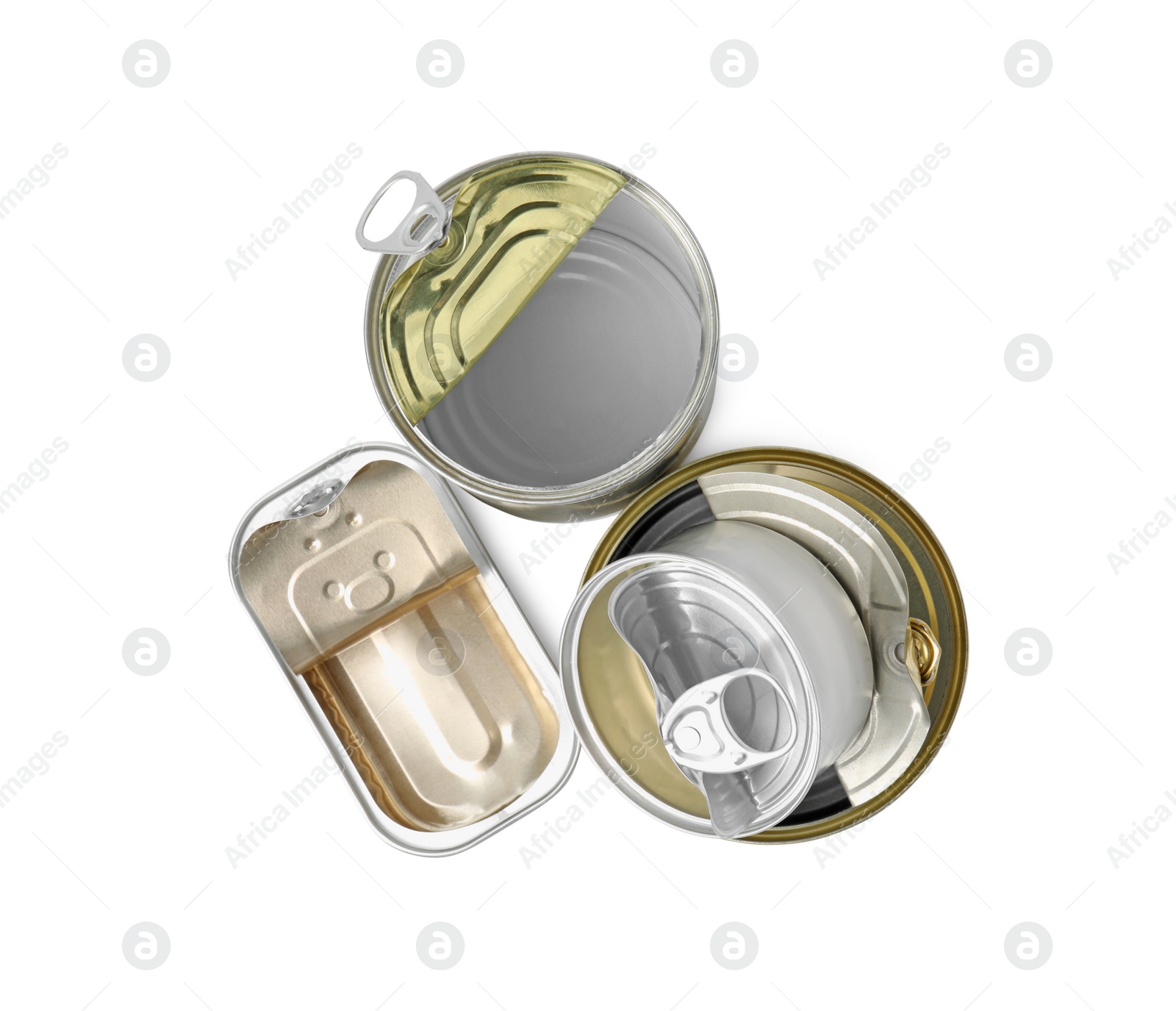 Photo of Open tin cans isolated on white, top view