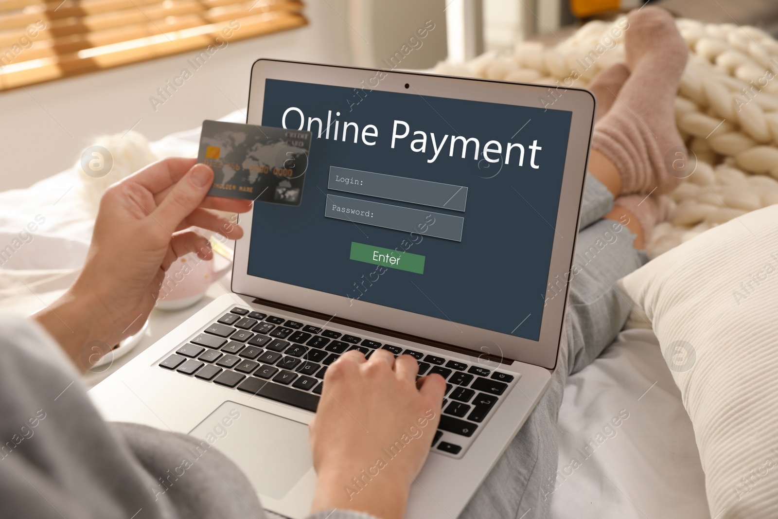 Image of Woman using laptop for online payment indoors, closeup