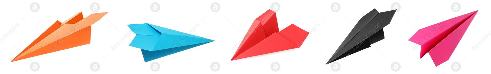 Image of Collage with many paper planes on white background. Origami art