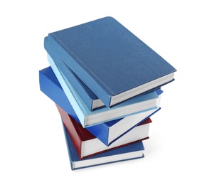 Photo of Stack of hardcover books on white background