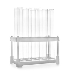 Photo of Holder with empty test tubes on white background. Laboratory glassware