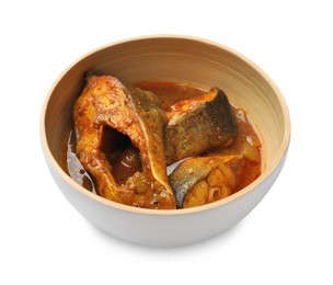 Photo of Tasty fish curry on white background. Indian cuisine