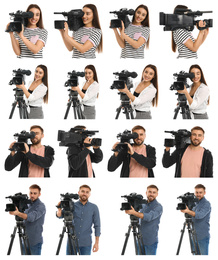 Image of Collage of operators with professional video cameras on white background