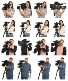 Collage of operators with professional video cameras on white background