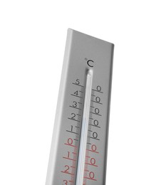 Photo of Modern grey weather thermometer on white background