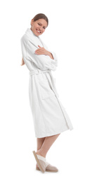 Photo of Young woman in bathrobe on white background