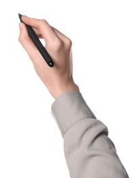 Woman holding pen on white background, closeup of hand