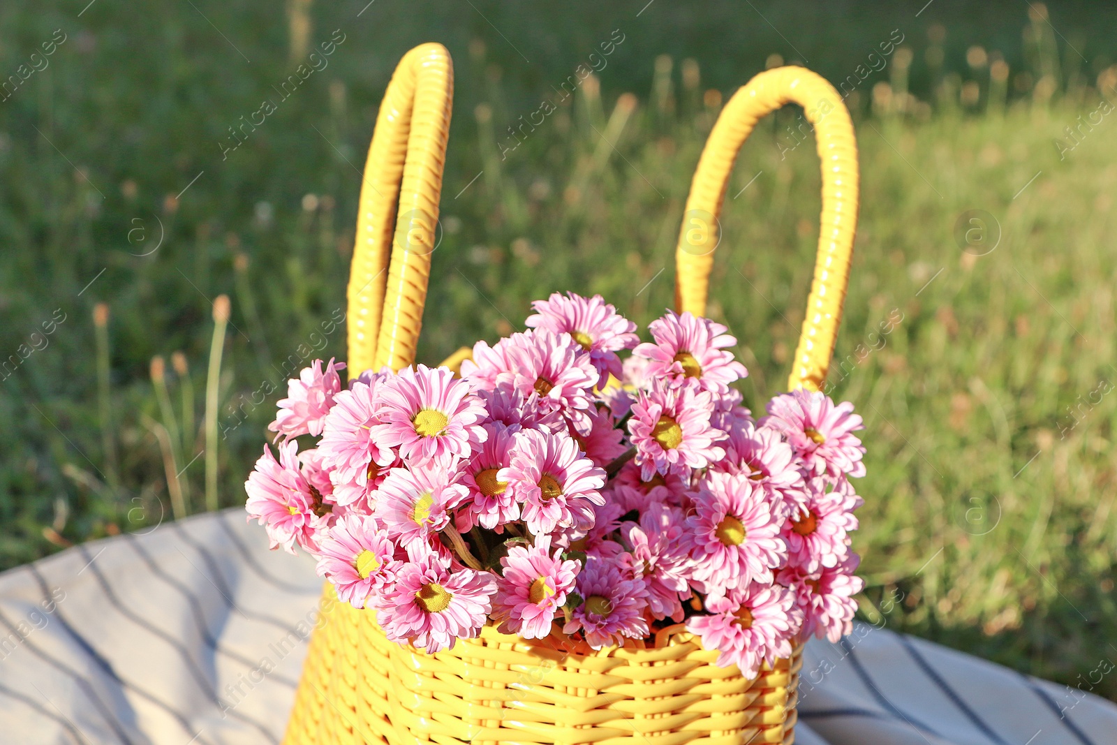 Photo of Yellow wicker bag with beautiful flowers on blanket outdoors