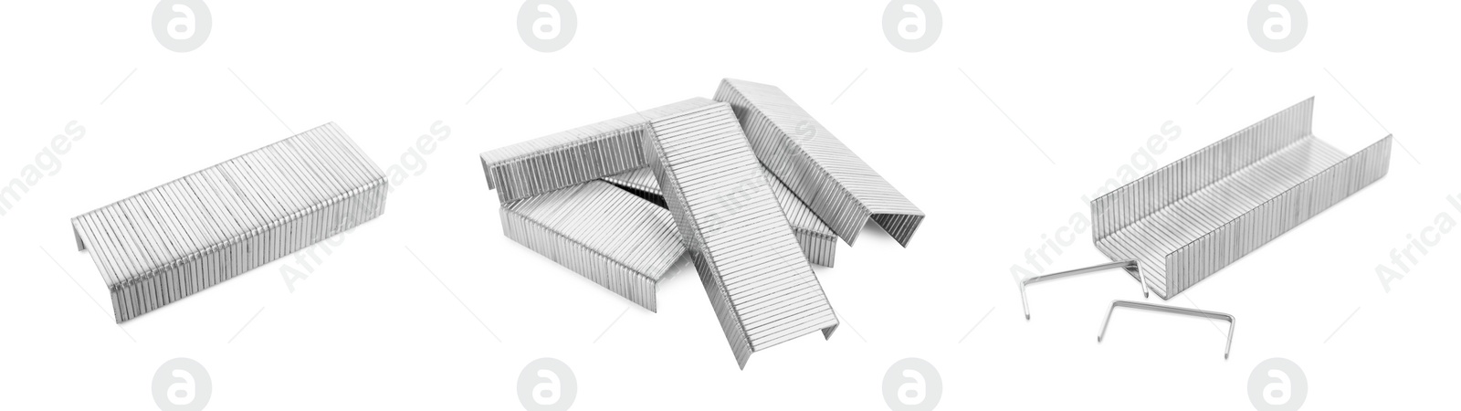 Image of Many metal staples isolated on white, collection