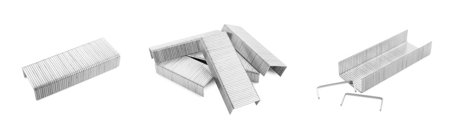 Image of Many metal staples isolated on white, collection