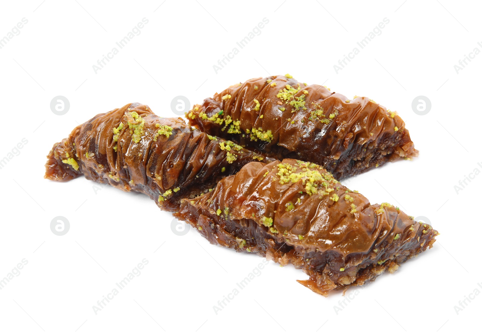 Photo of Delicious baklava with pistachios on white background