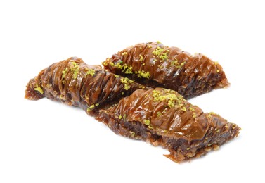 Photo of Delicious baklava with pistachios on white background