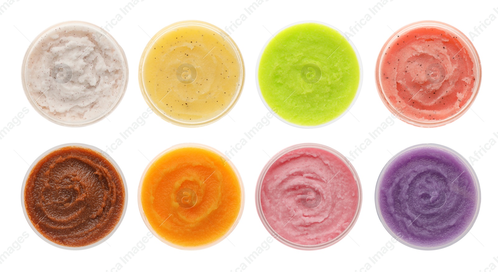 Image of Set with different body scrubs on white background, top view. Banner design