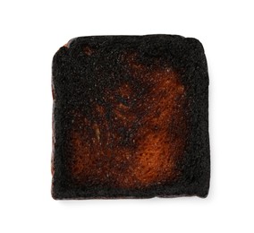 Photo of One burnt piece of toast bread isolated on white, top view