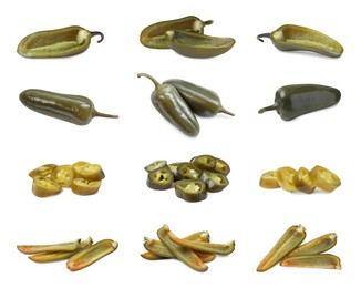 Image of Set with pickled green jalapeno peppers on white background