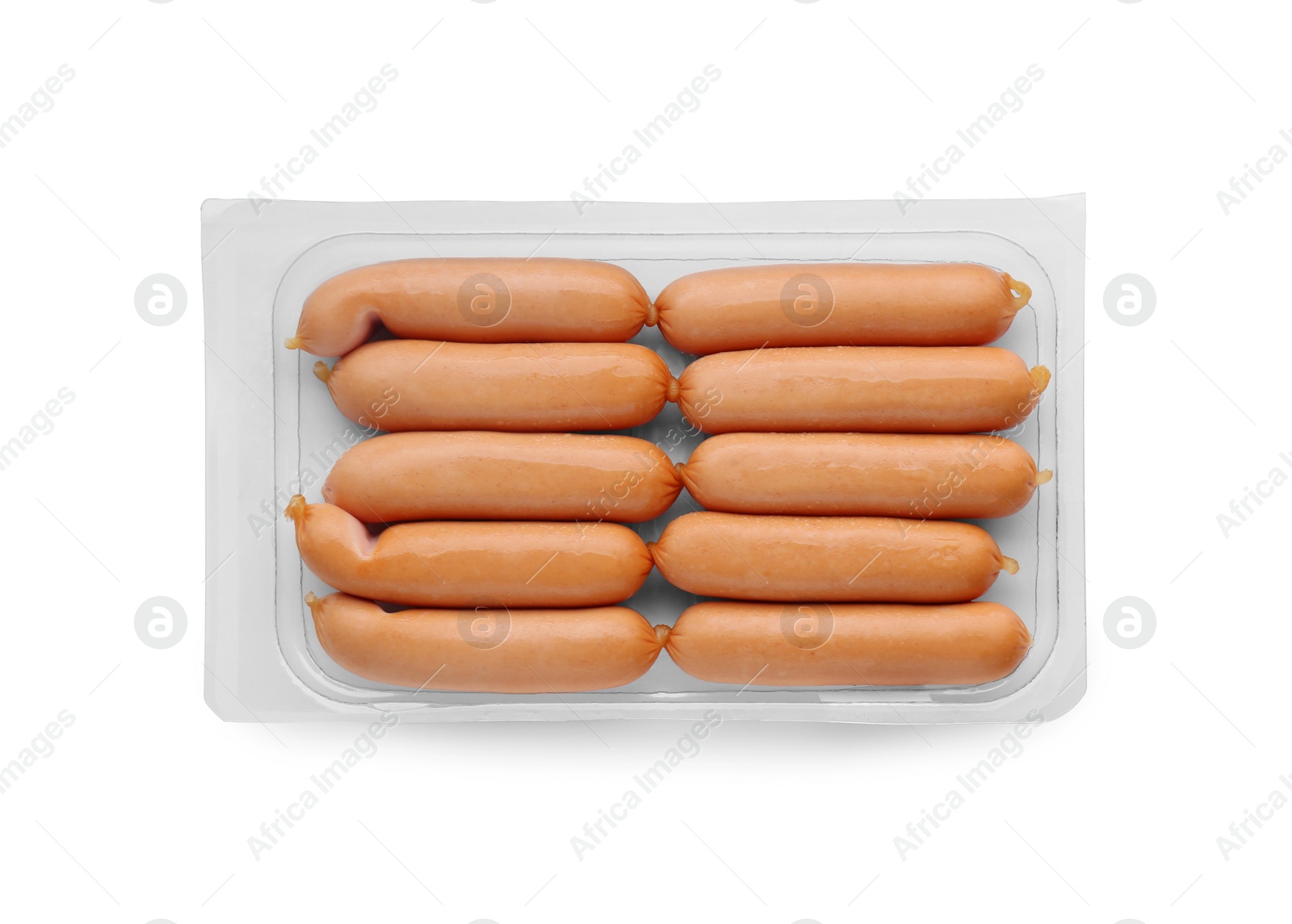 Photo of Plastic container with sausages isolated on white, top view. Meat product