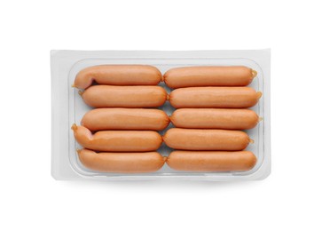 Plastic container with sausages isolated on white, top view. Meat product