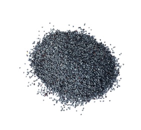 Photo of Heap of poppy seeds on white background, top view