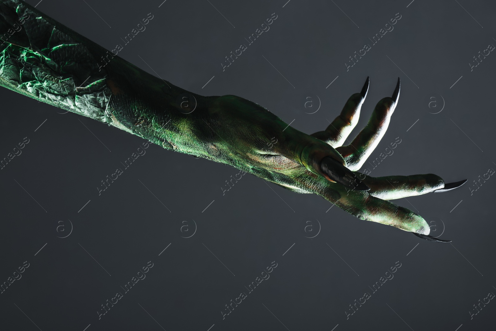 Photo of Scary monster on black background, closeup of hand. Halloween character