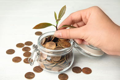 Photo of Woman putting plant into glass jar with coins on white wooden table, closeup