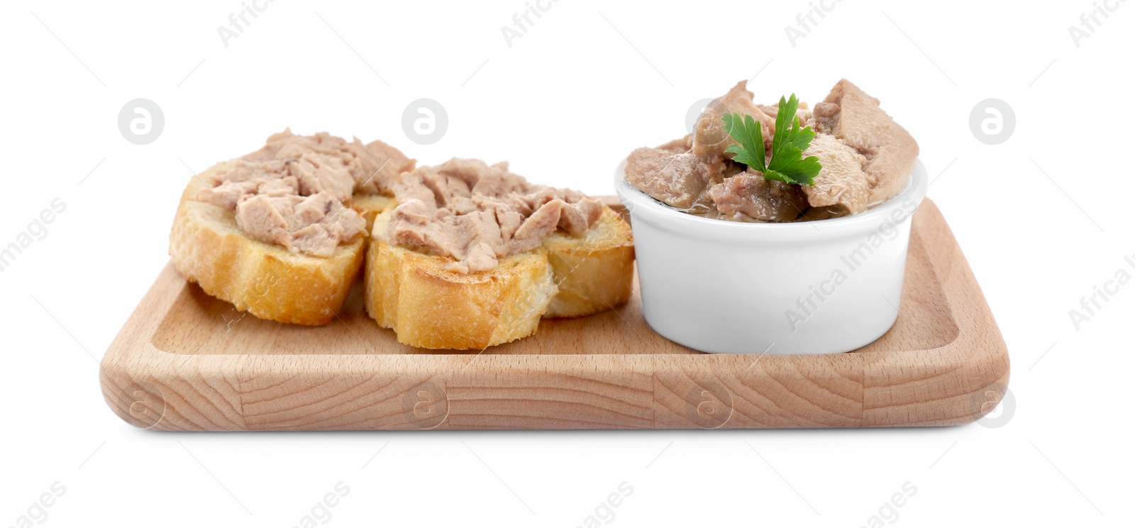 Photo of Tasty sandwiches with cod liver and parsley isolated on white