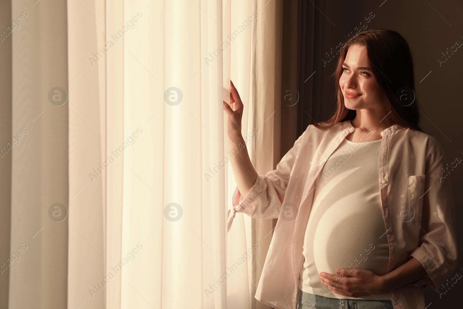 Photo of Young pregnant woman near window at home. Space for text